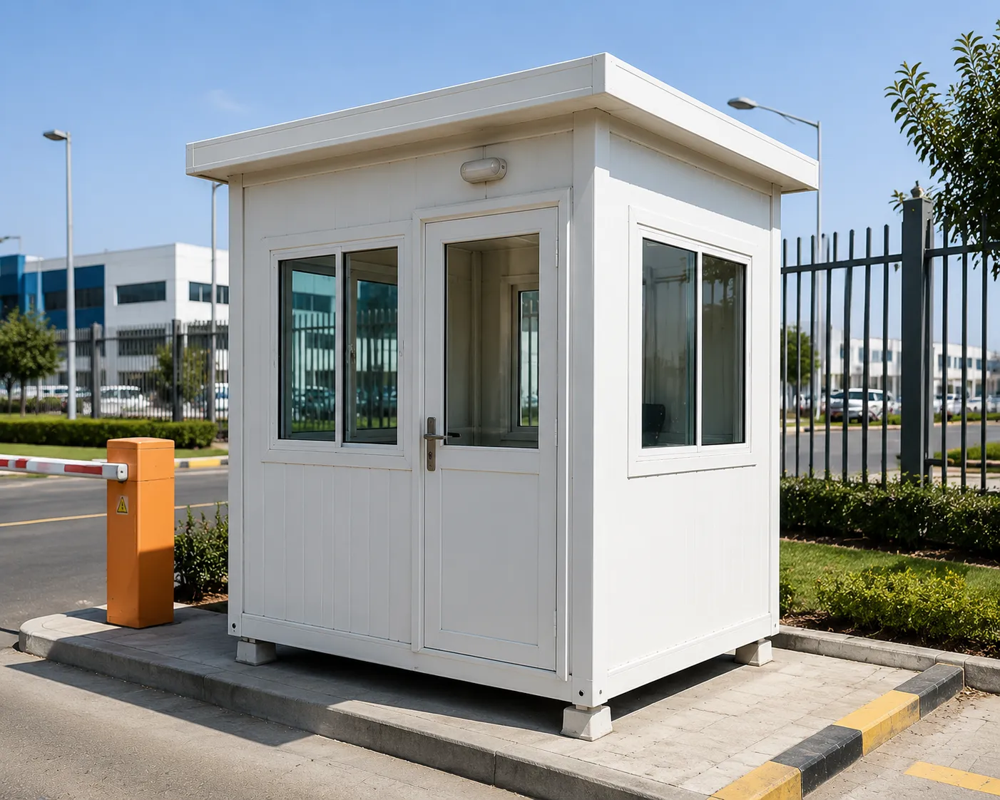 White guard cabin at a gated entrance with a barrier arm alongside