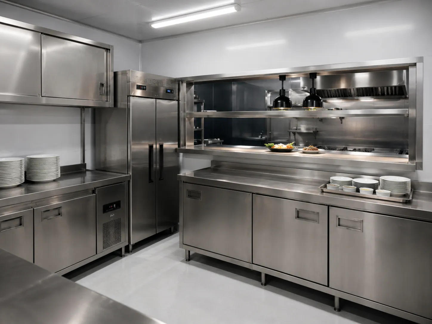 Kitchen cabin fitted out with stainless ranges, extract canopy, fridges and prep counters