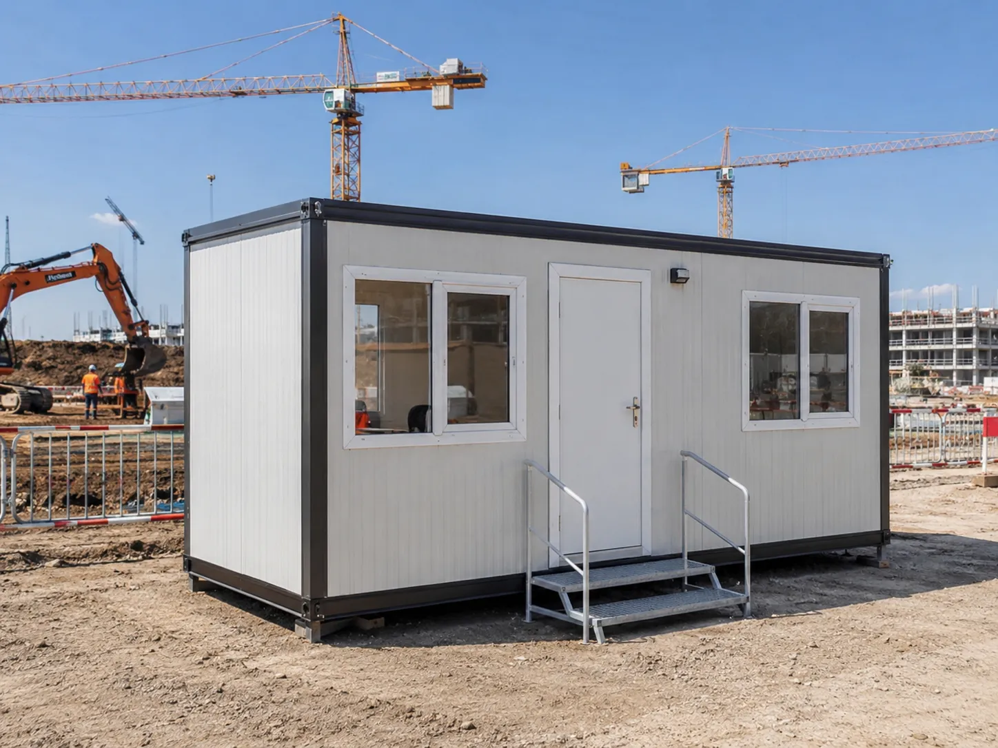Site office cabin on a construction site with tower cranes working behind