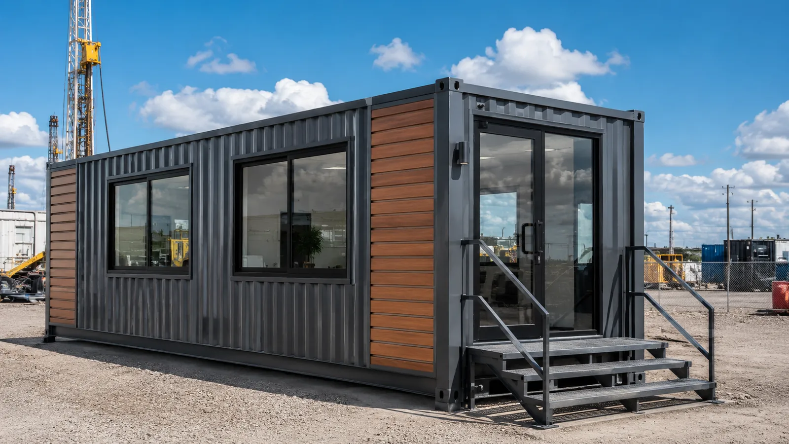 Container converted to a site office with glazing, timber cladding and an access stair