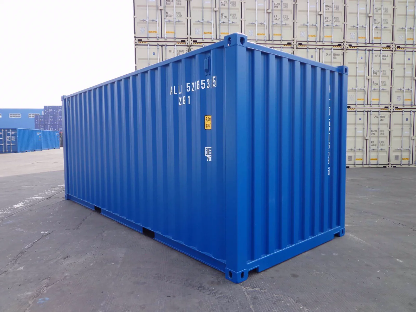 Blue 20ft shipping container in the container yard