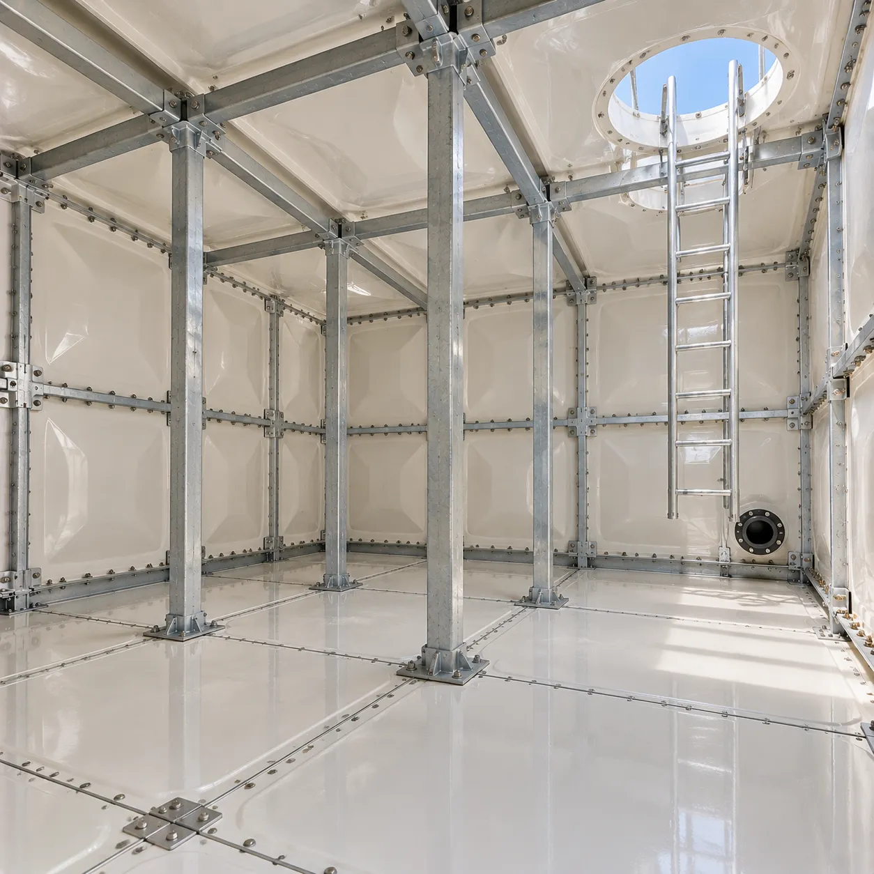 Inside a panel tank, showing the internal galvanised bracing between the wall panels
