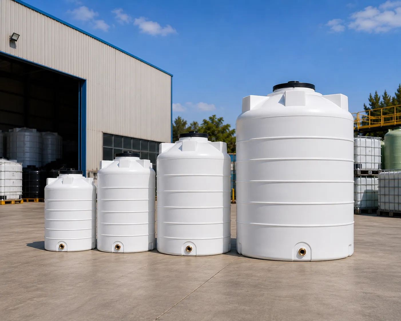 Four vertical HDPE tanks in ascending sizes outside the store