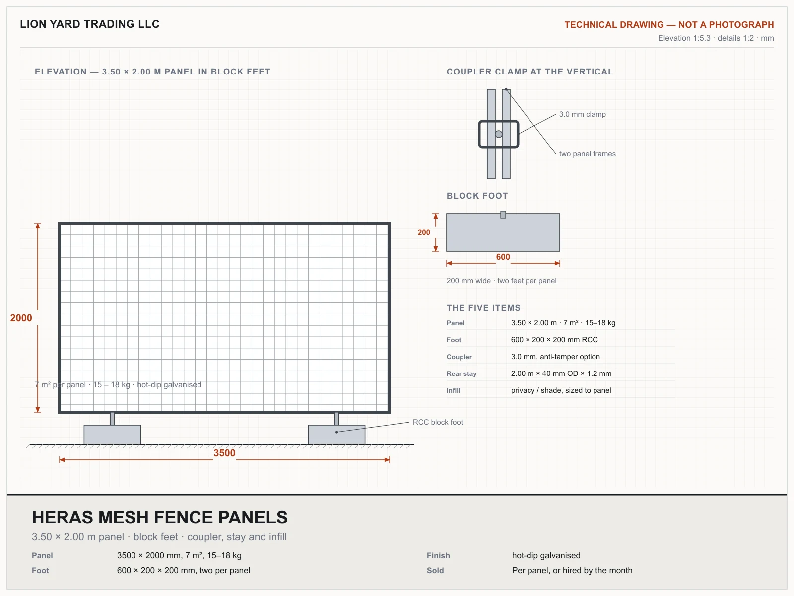 Technical drawing of a 3500 × 2000 mm Heras panel standing in two RCC block feet, with a detail of the coupler clamp joining two panel frames and the 600 × 200 × 200 mm foot