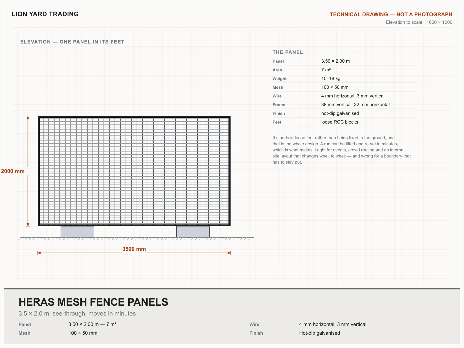 Technical drawing of a Heras mesh fence panel in elevation standing in its loose RCC feet, with the mesh drawn at its true aperture