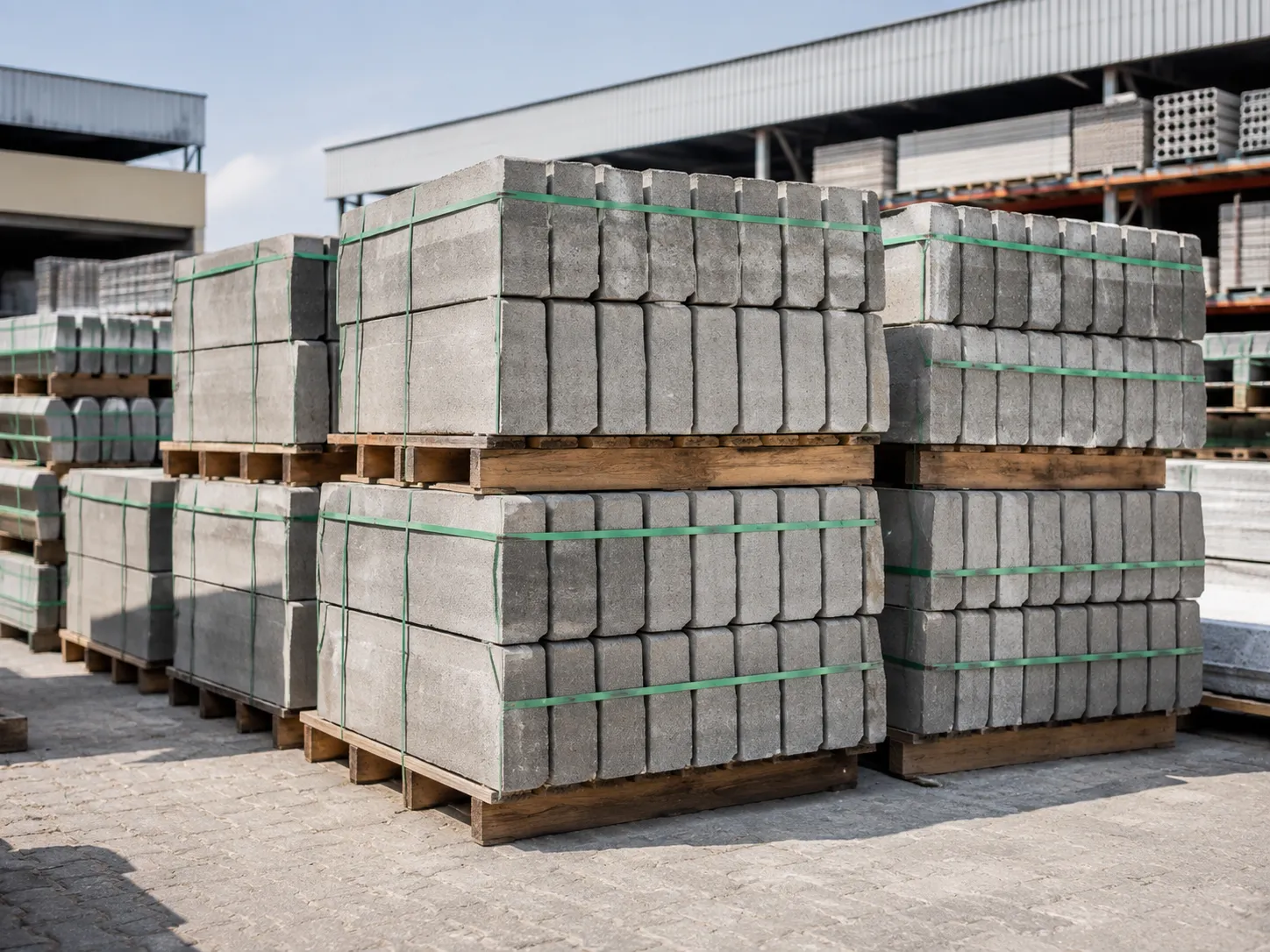 Banded kerbstone pallets stacked in the yard