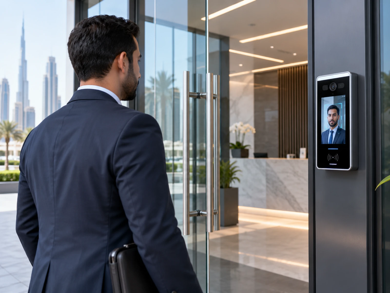 A face terminal reading a visitor at a glass entrance