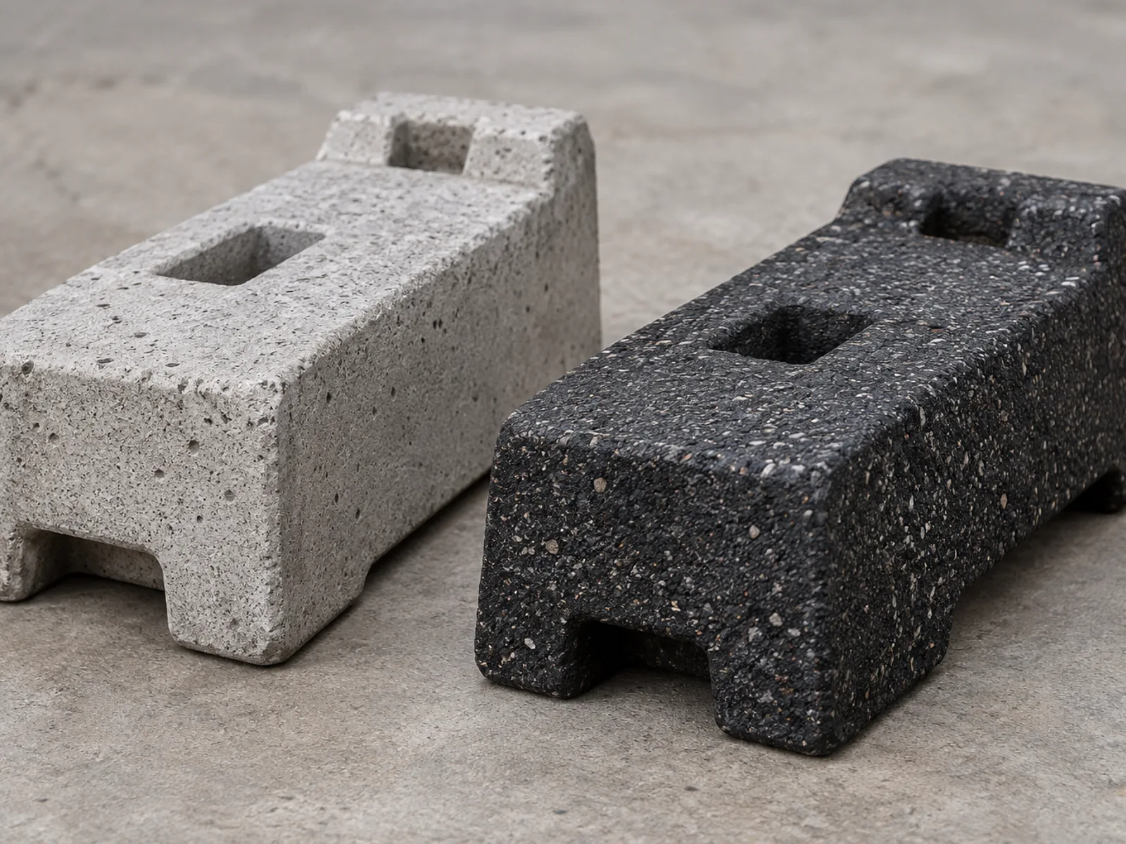 A concrete foot beside a recycled-rubber one