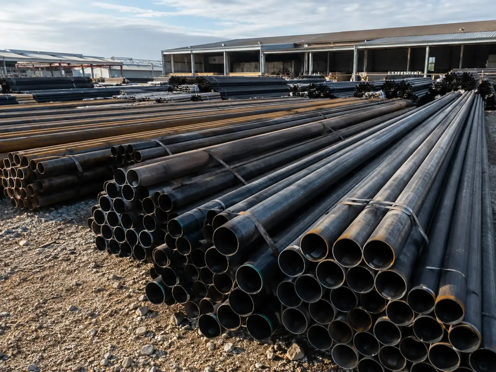 Carbon steel pipe stacked and racked across an industrial supply yard