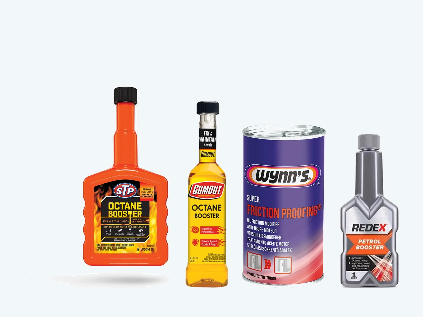 STP, Gumout, Wynn’s and Redex fuel and oil additive bottles in a row