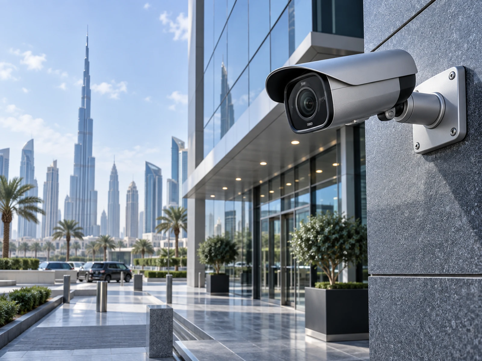 A bullet camera bracketed to a building corner