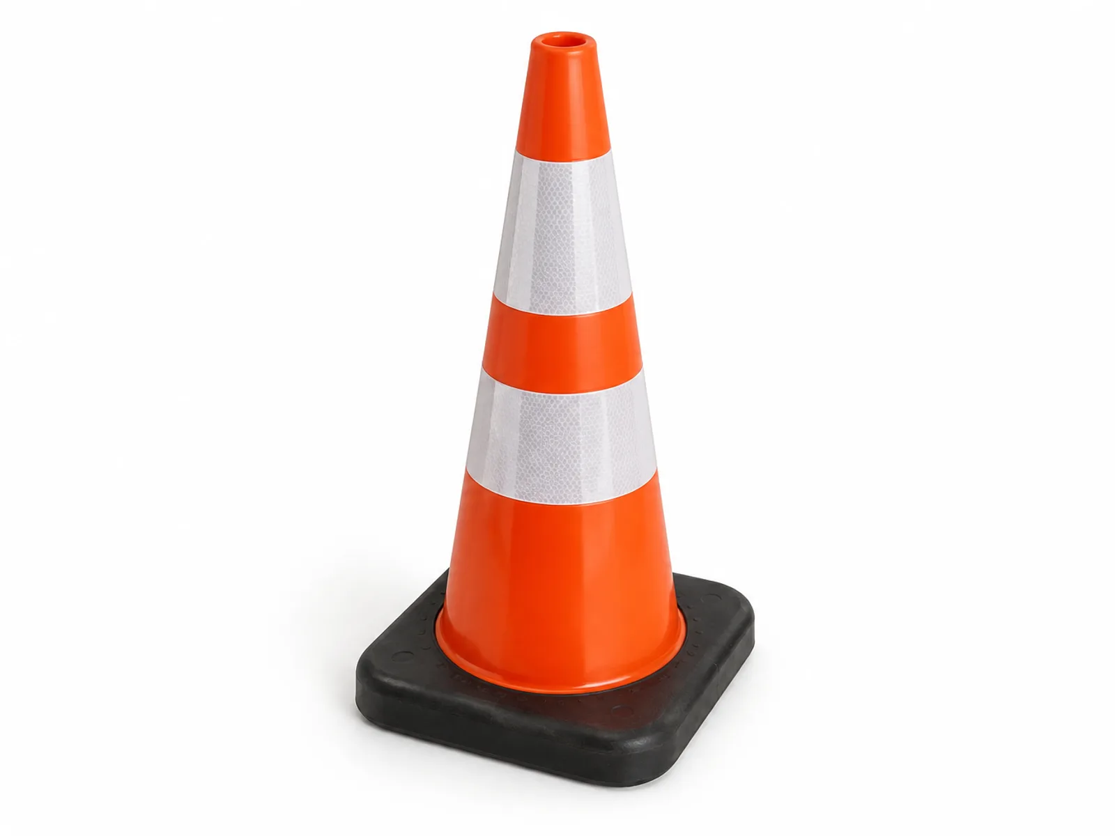 An orange cone with two reflective sleeves on a rubber base