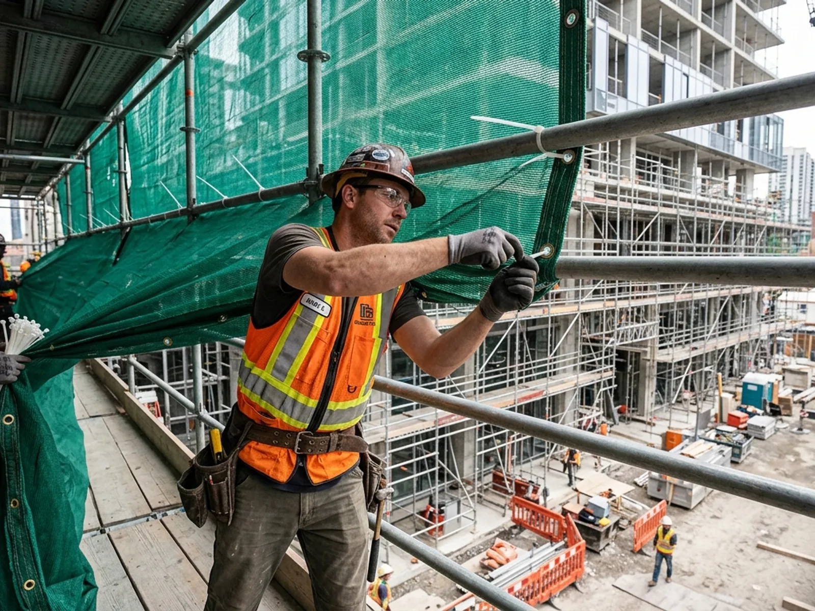 A panel being cable-tied to the scaffold