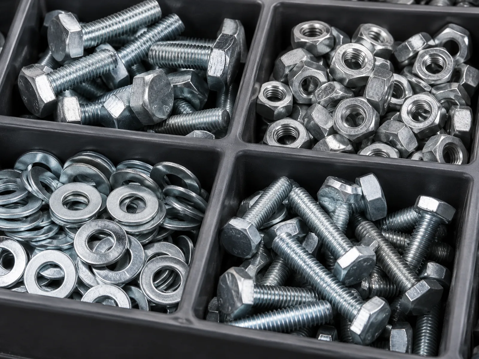 Bolts, nuts and washers sorted in the tray they are picked from