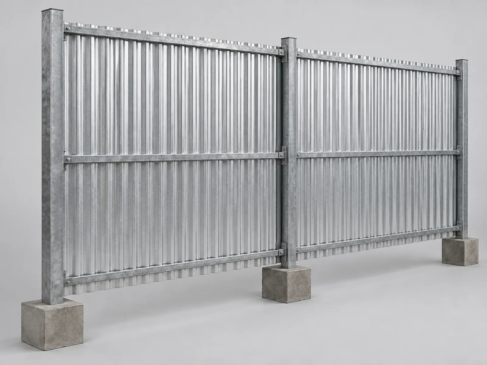 Corrugated GI sheet on a galvanised post and rail frame, footed in concrete