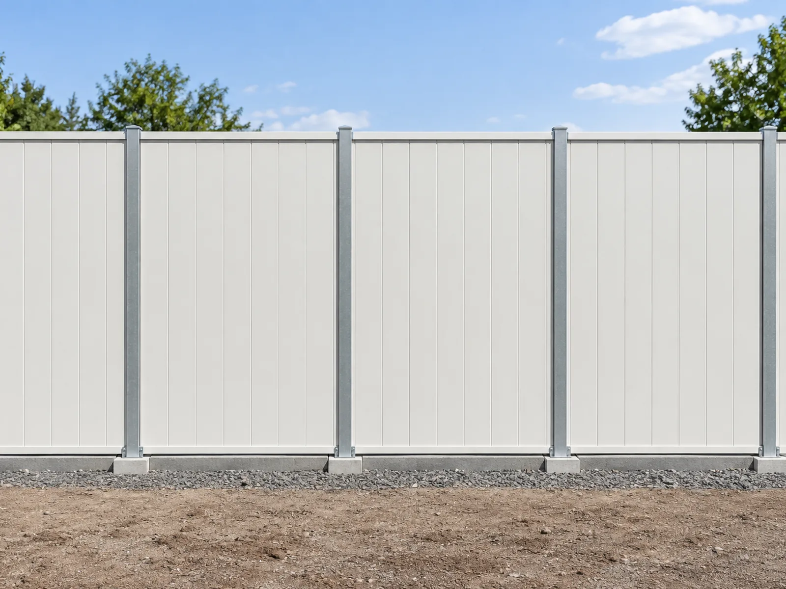 A finished boundary wall — the same panel, standing in its own galvanised posts