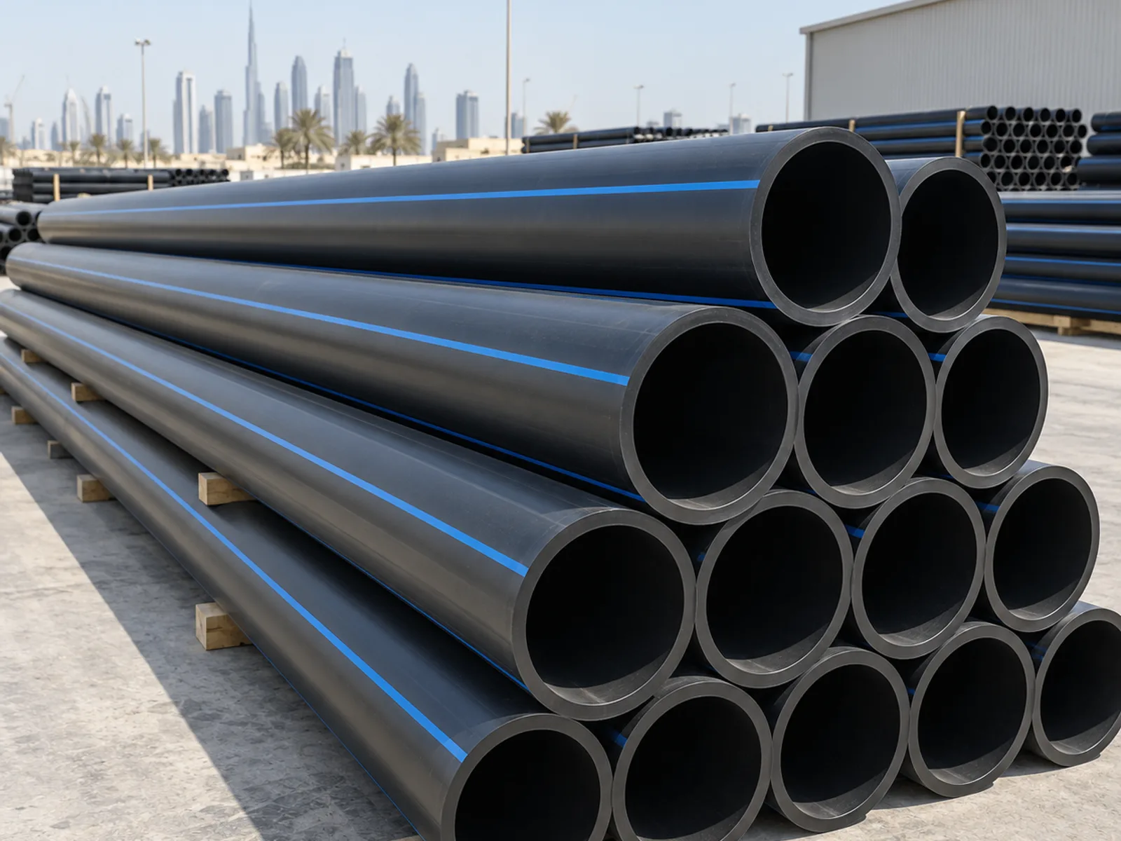 Black HDPE water pipe stacked in the yard, blue stripe along each length