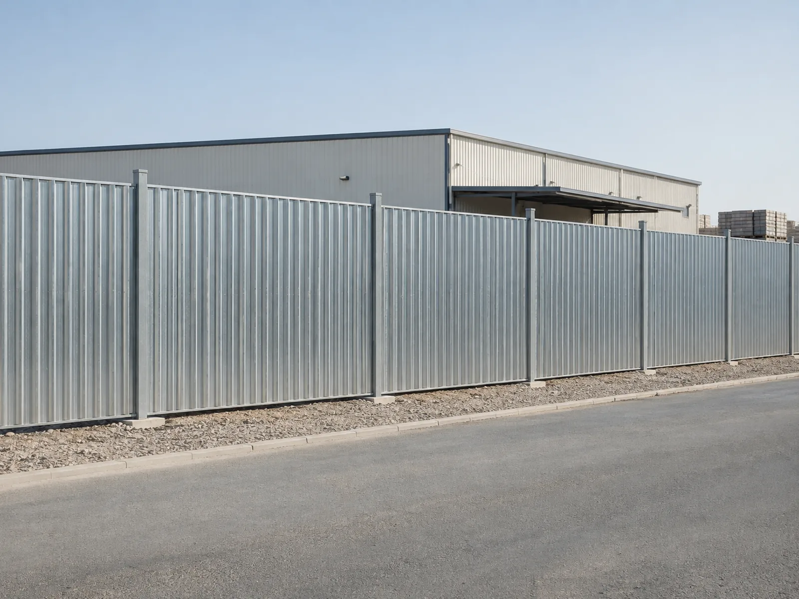 Galvanised corrugated hoarding run along a plot boundary