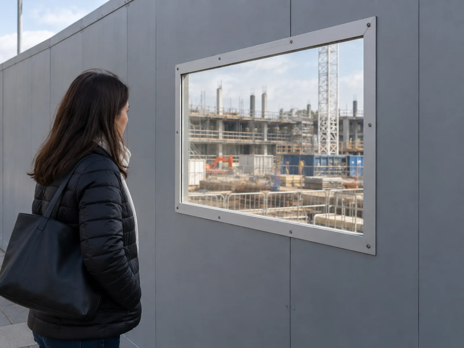 A passer-by watching the site through a fitted window