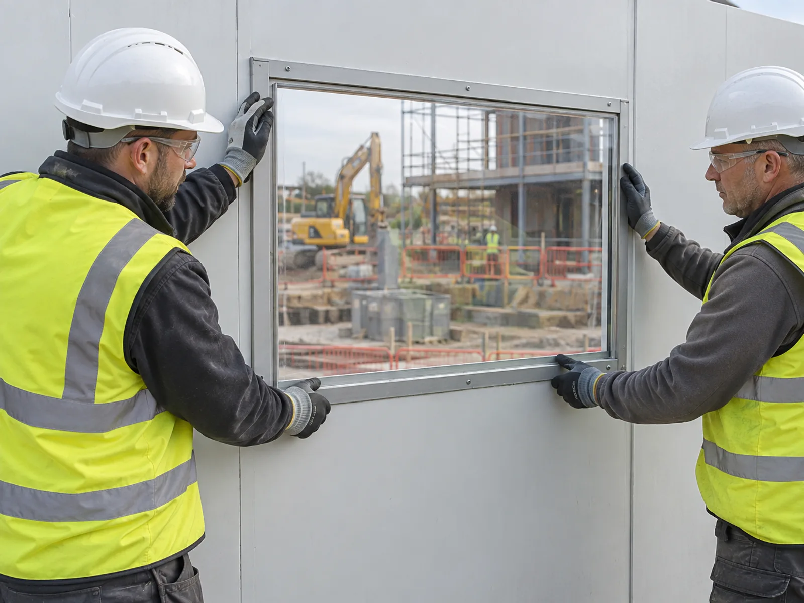 Two installers seating a window into the cut opening