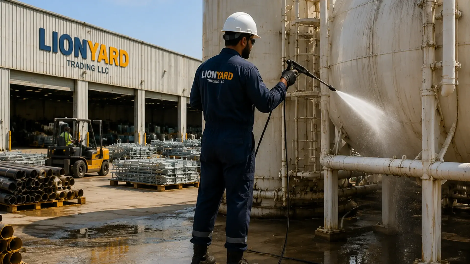 Technicians servicing and cleaning a water tank on site