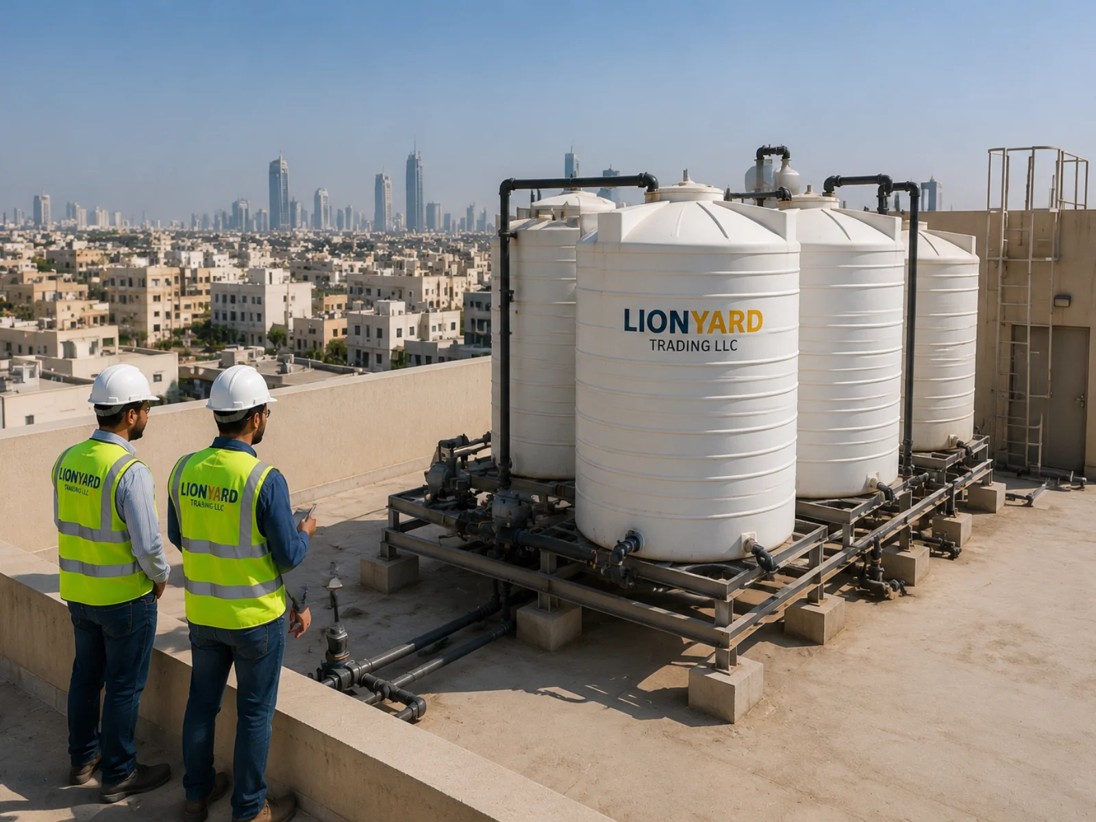 Rooftop water storage on a commercial building in the UAE