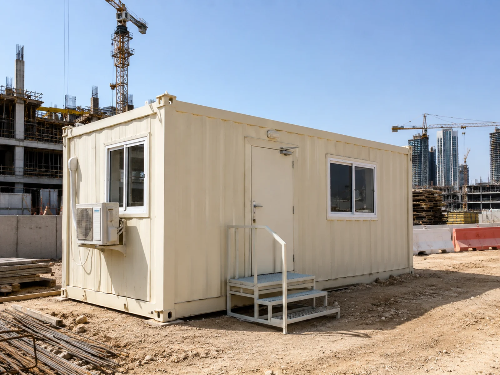 A UAE construction site with a site office cabin and jersey barriers in place