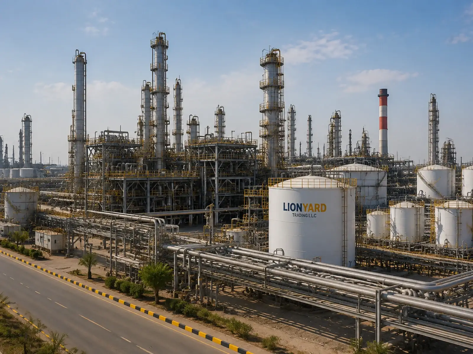 An industrial plant with fire water storage and bunded fuel tanks