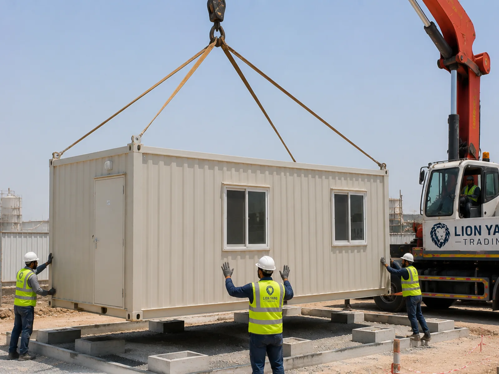 A container being placed and levelled on a prepared base
