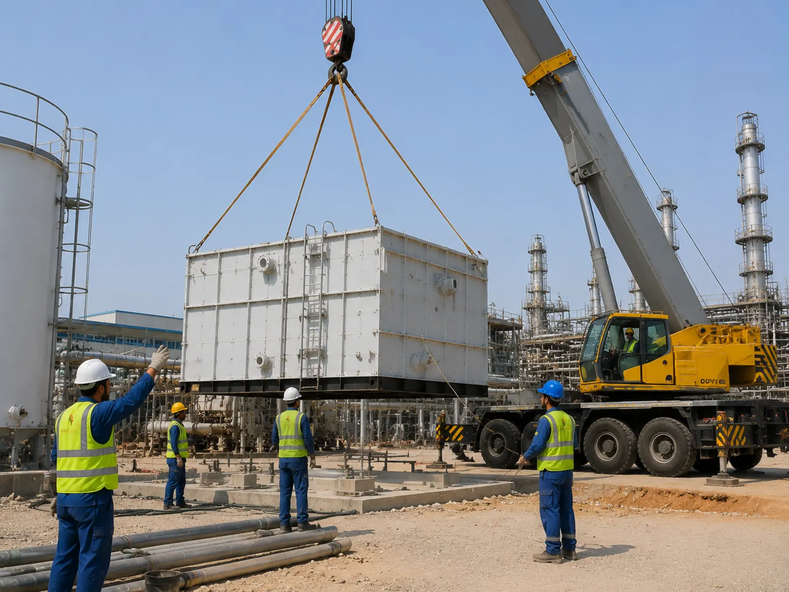A crane lowering a unit into position on site