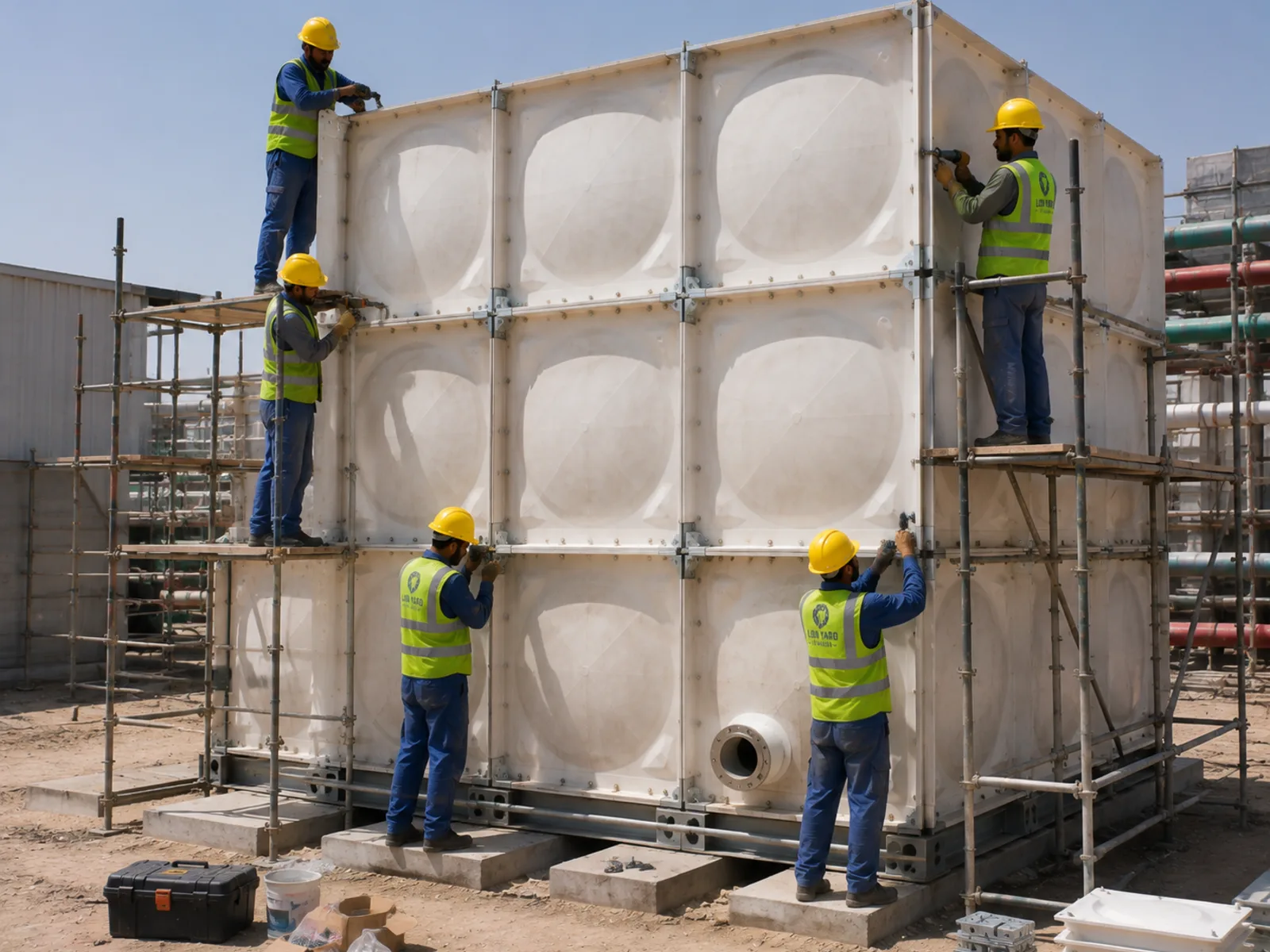 GRP panels being bolted together on site