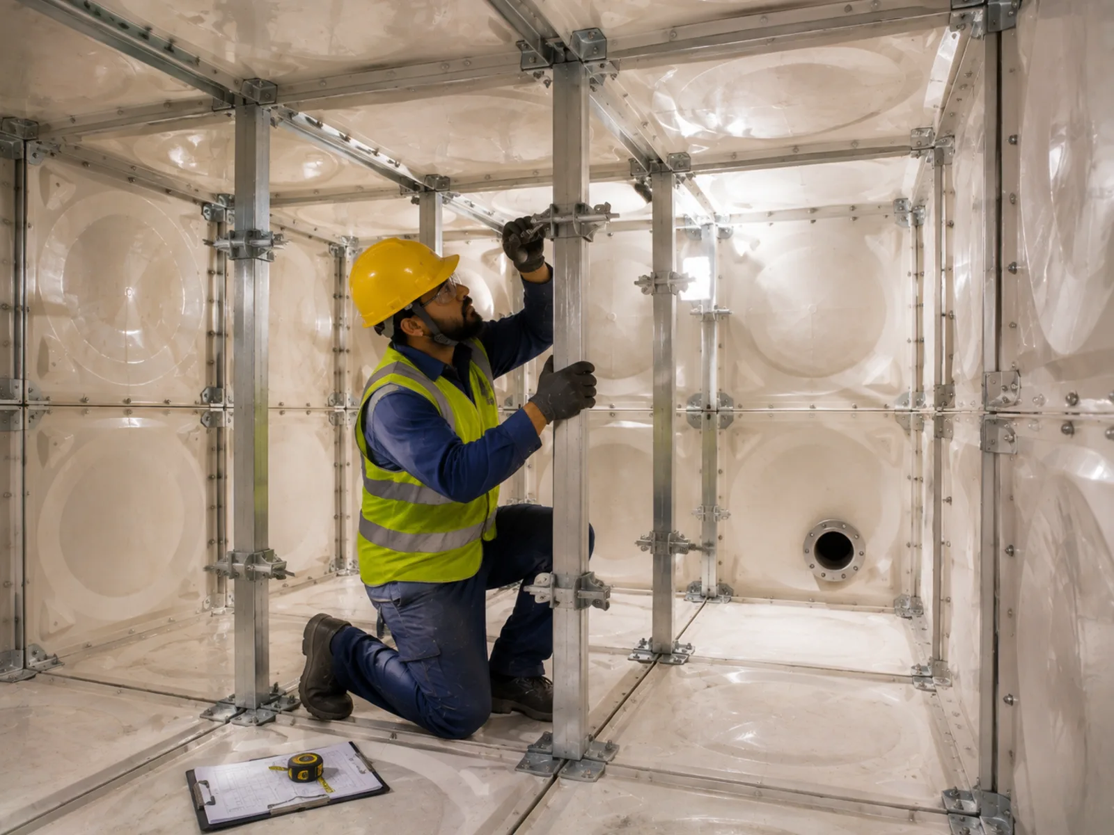 A sectional GRP panel tank being installed in a plant room