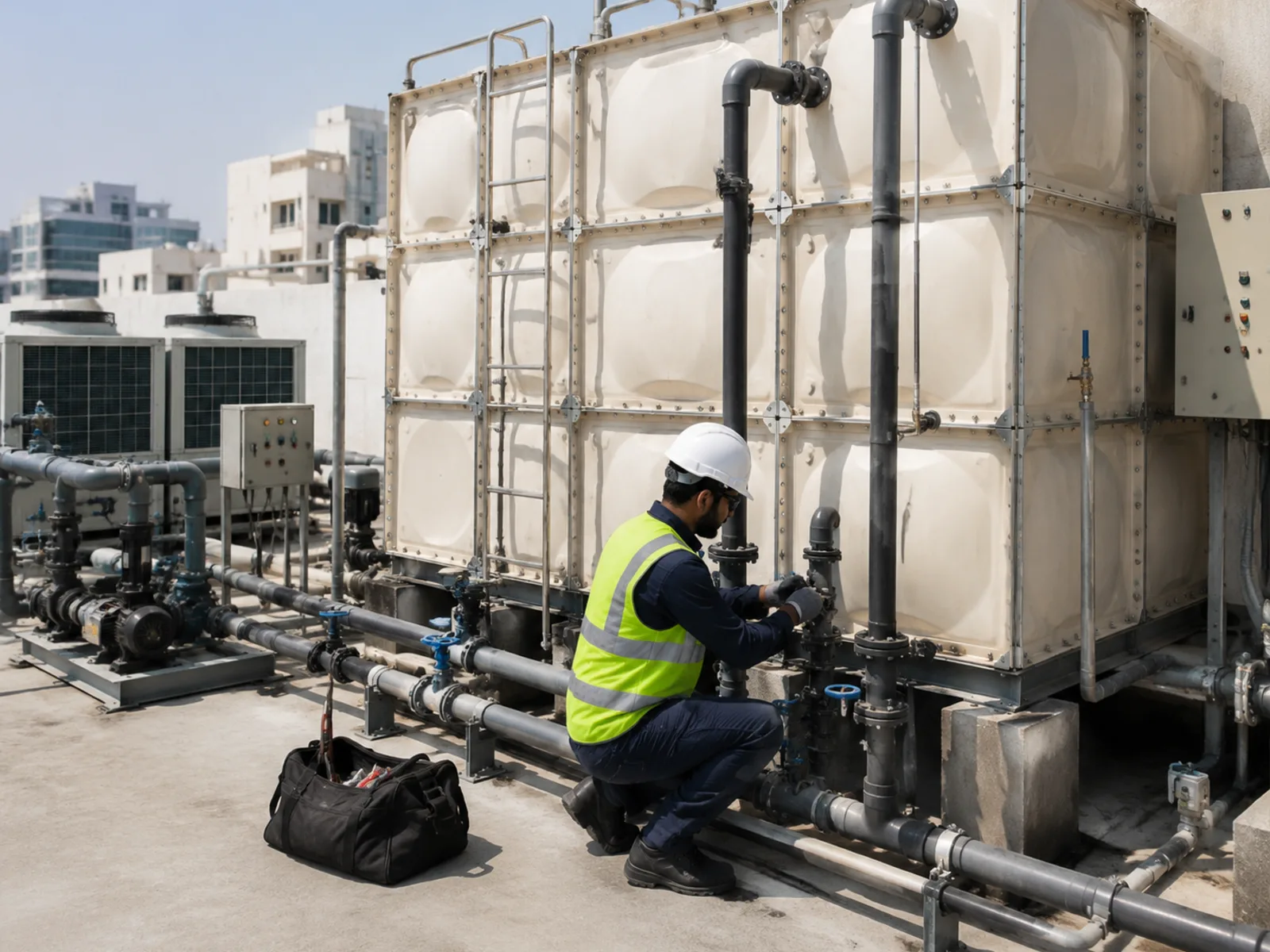 Fill, vent and suction pipework being connected to a tank