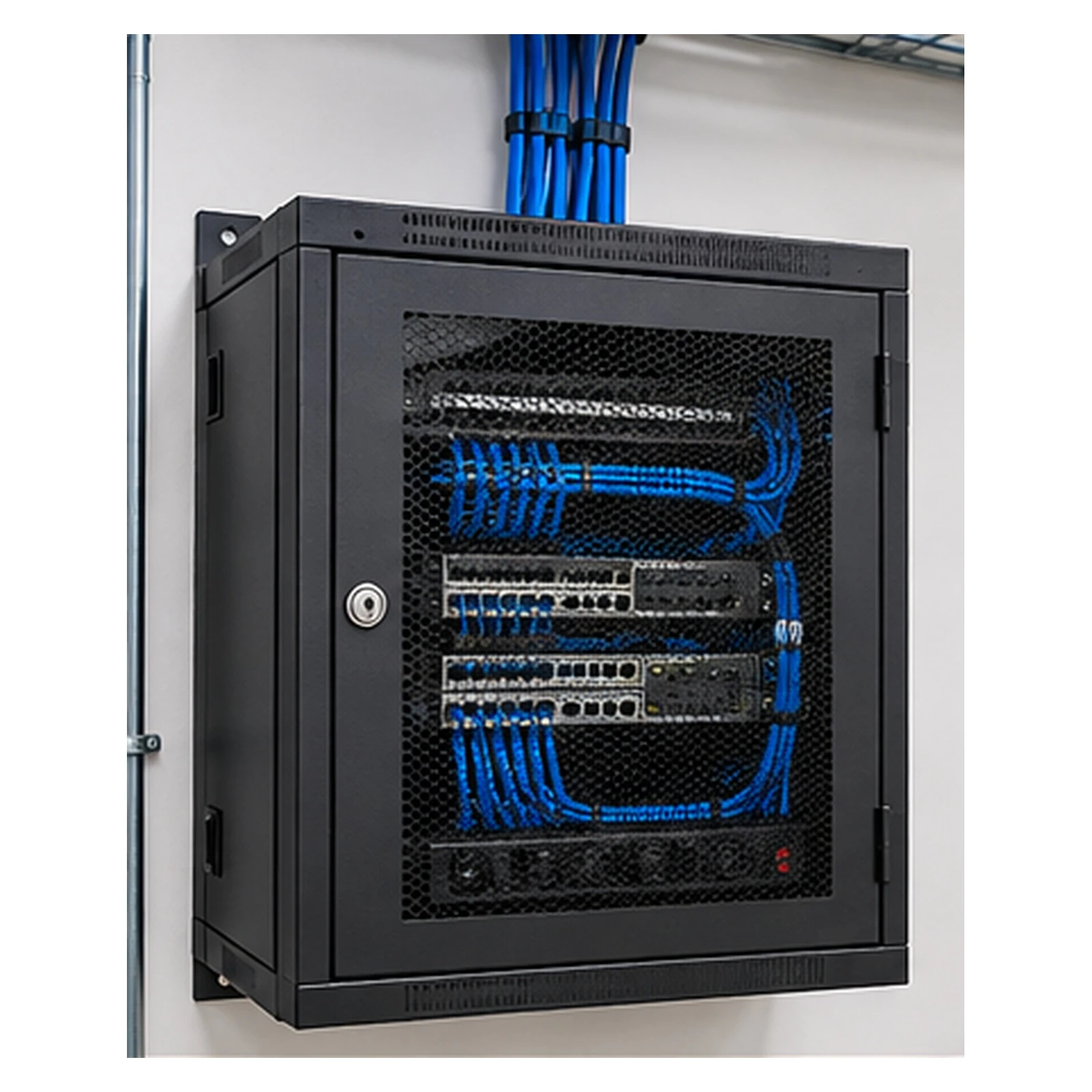 Wall-mount cabinet closed, patched and live