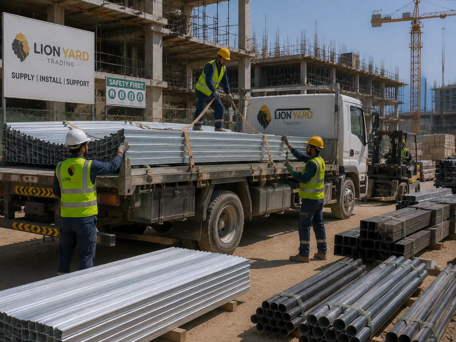 Building materials delivered and staged on a project
