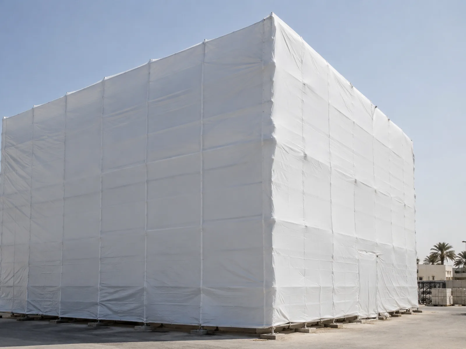A scaffold fully wrapped into one sealed skin, no gaps