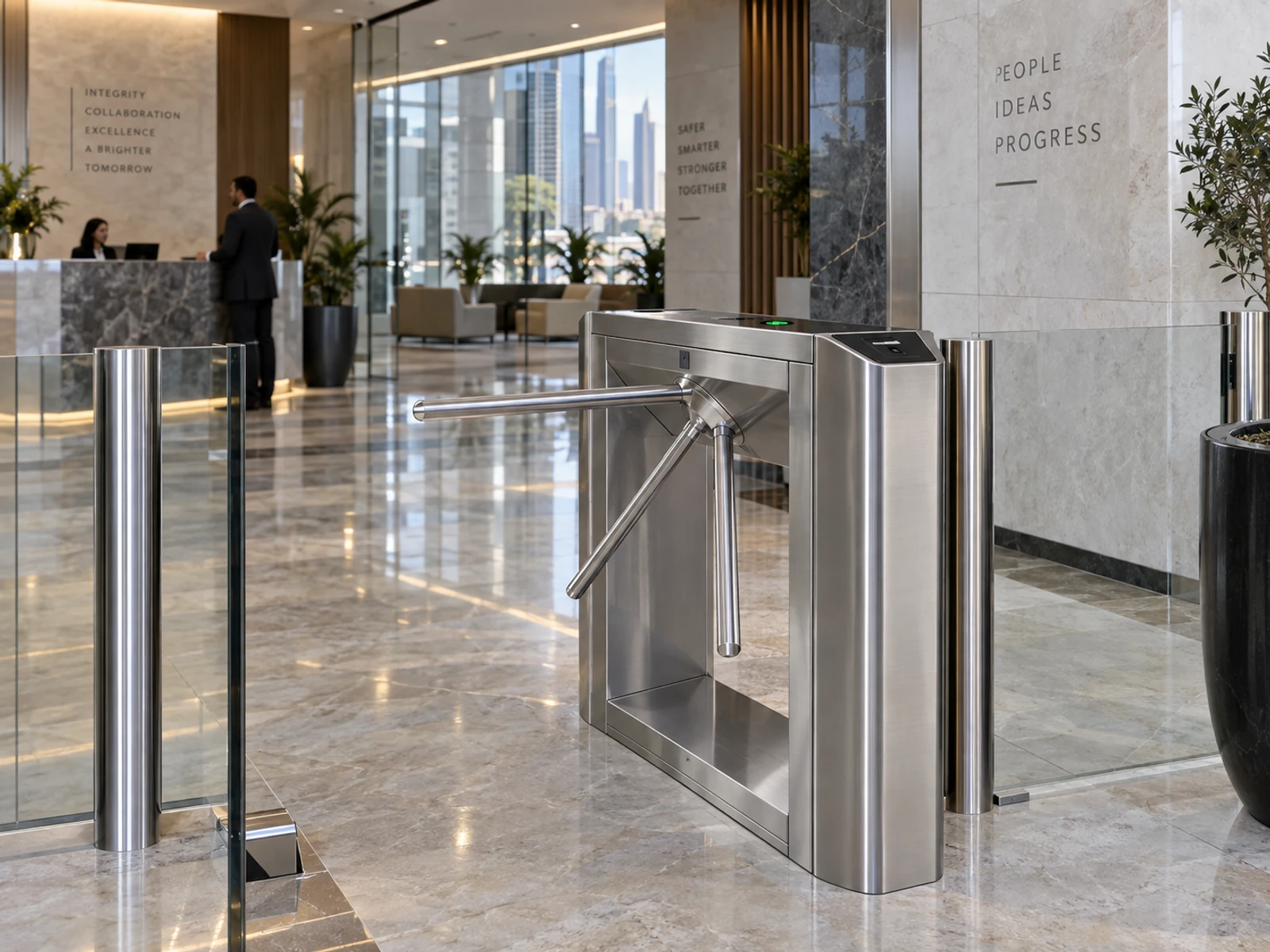 A tripod turnstile standing in a building lobby