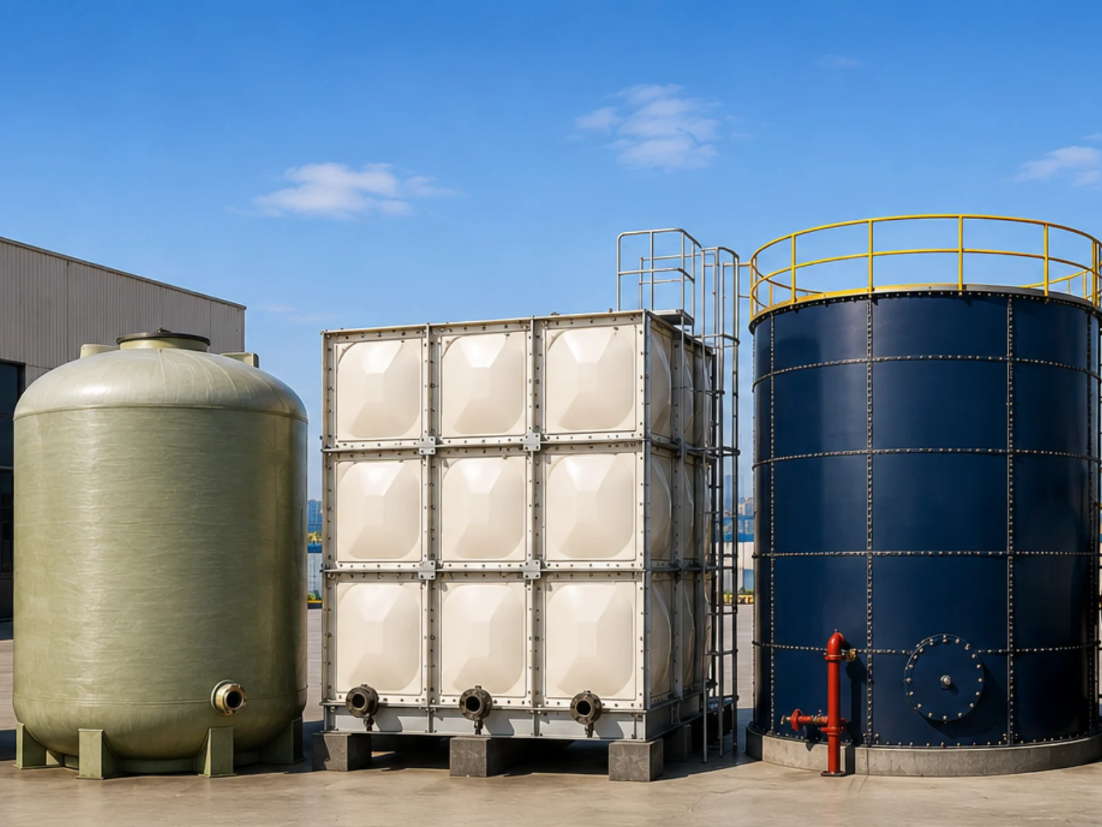 GRP, panel, HDPE and steel water tanks together at a UAE industrial facility