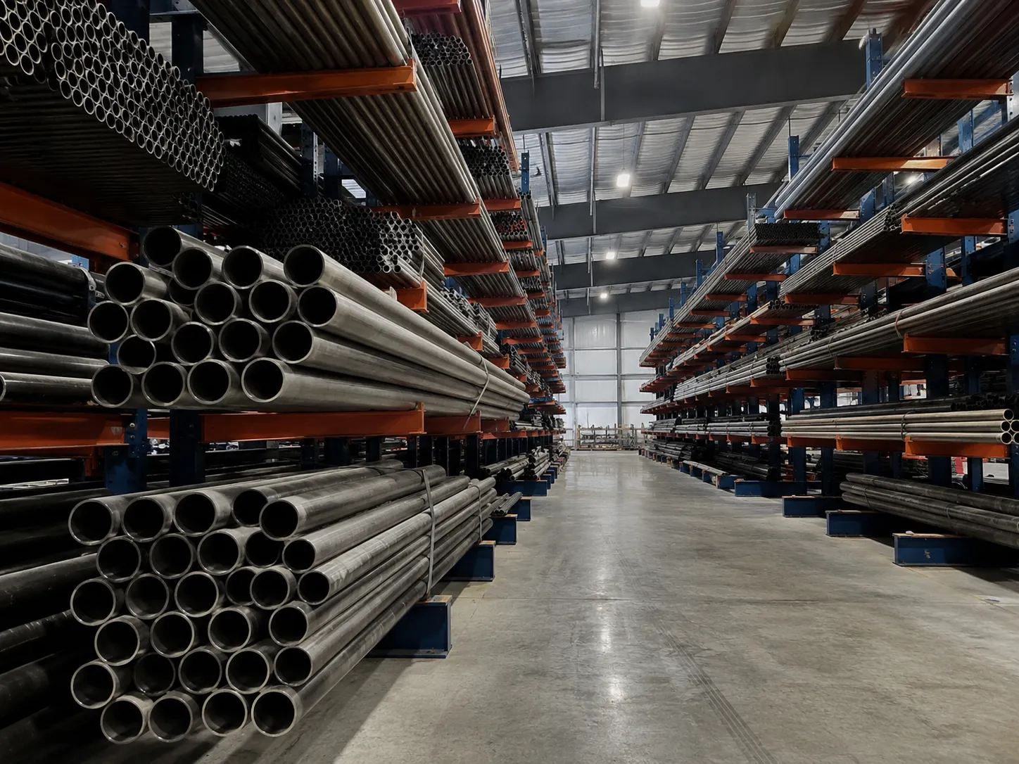 Pipe stock on cantilever racking down a warehouse aisle
