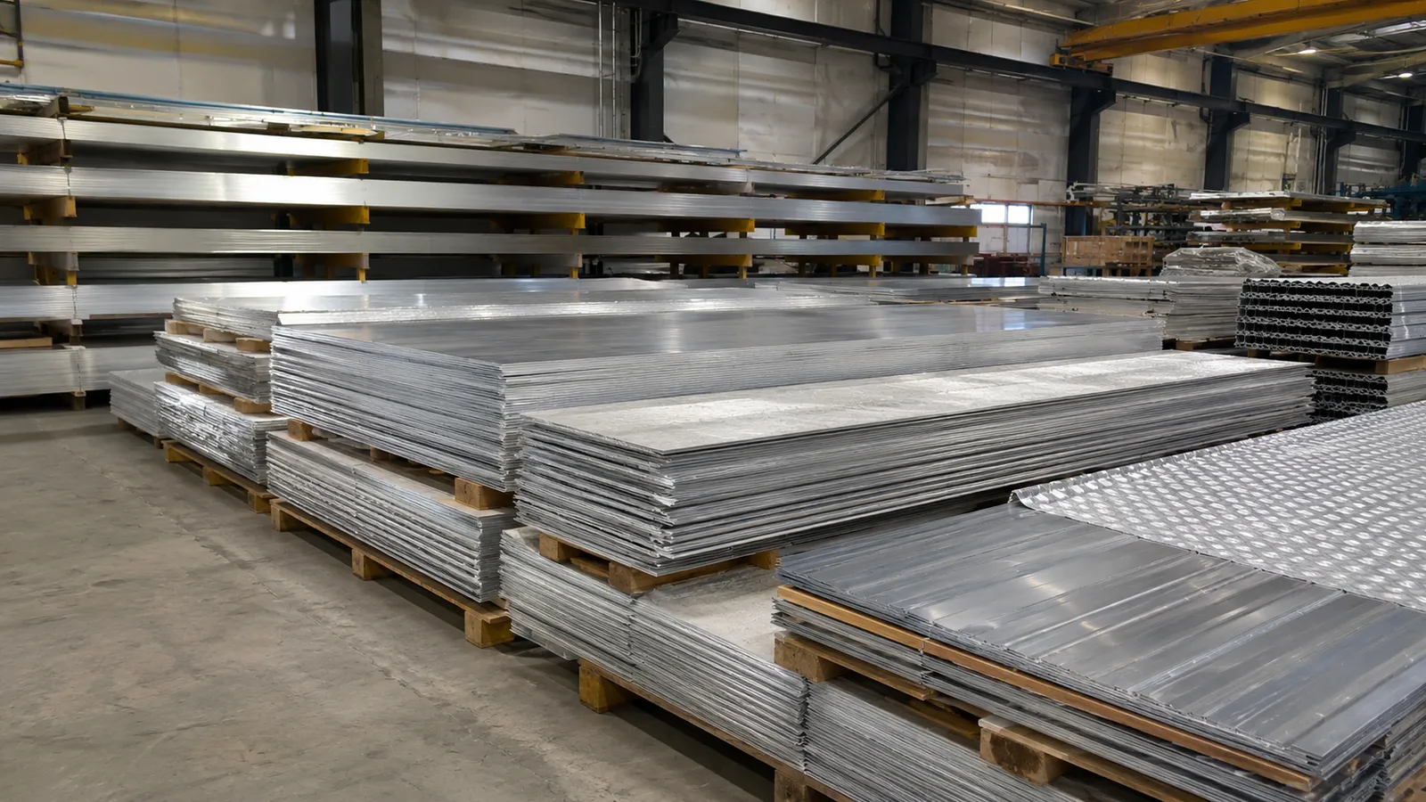 Plain and patterned aluminium sheet on pallets side by side