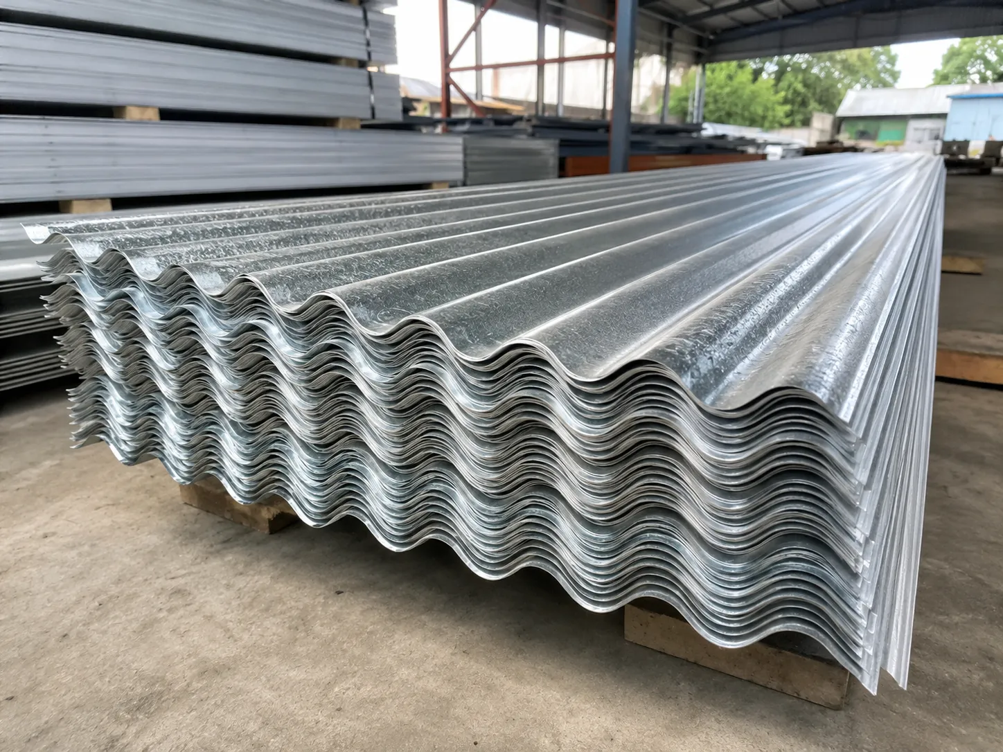 Close view of the corrugated profile on a stack of galvanised sheet