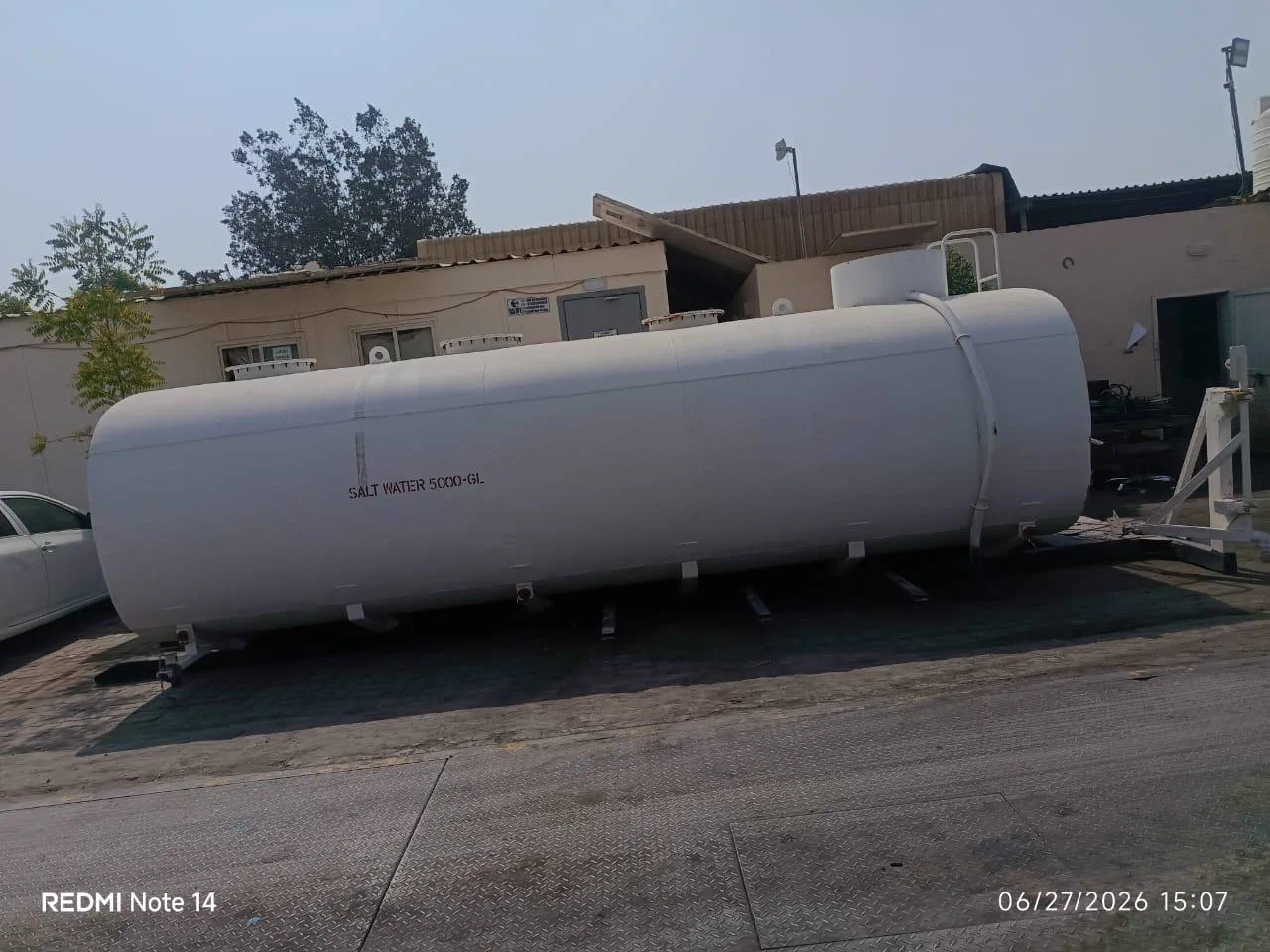 Large horizontal steel water storage tank