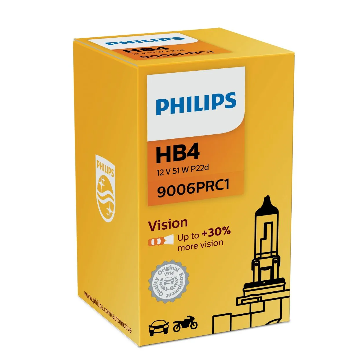 Philips Vision HB4 9006 12V 55W P22d Headlight Bulb, +30% More Light