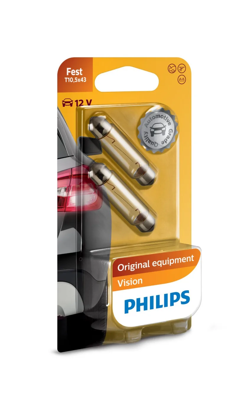 Philips Vision Festoon T10.5x43 12V 10W SV8.5 Interior Bulb, Twin Pack