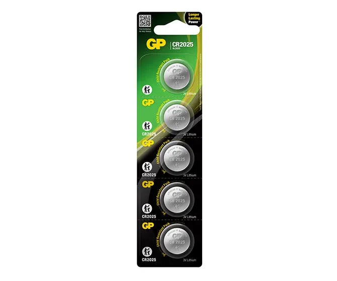 GP CR2025 Lithium Coin Cell Battery 3V, Card of 5