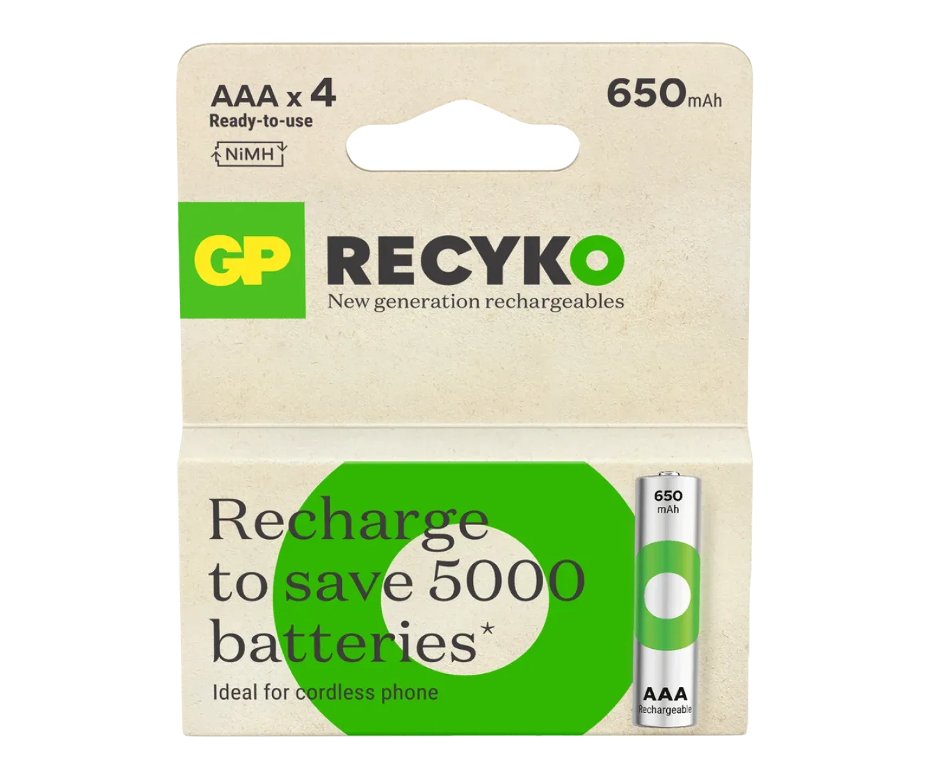 GP ReCyko AAA Rechargeable NiMH Battery 650mAh HR03 1.2V, Pack of 2
