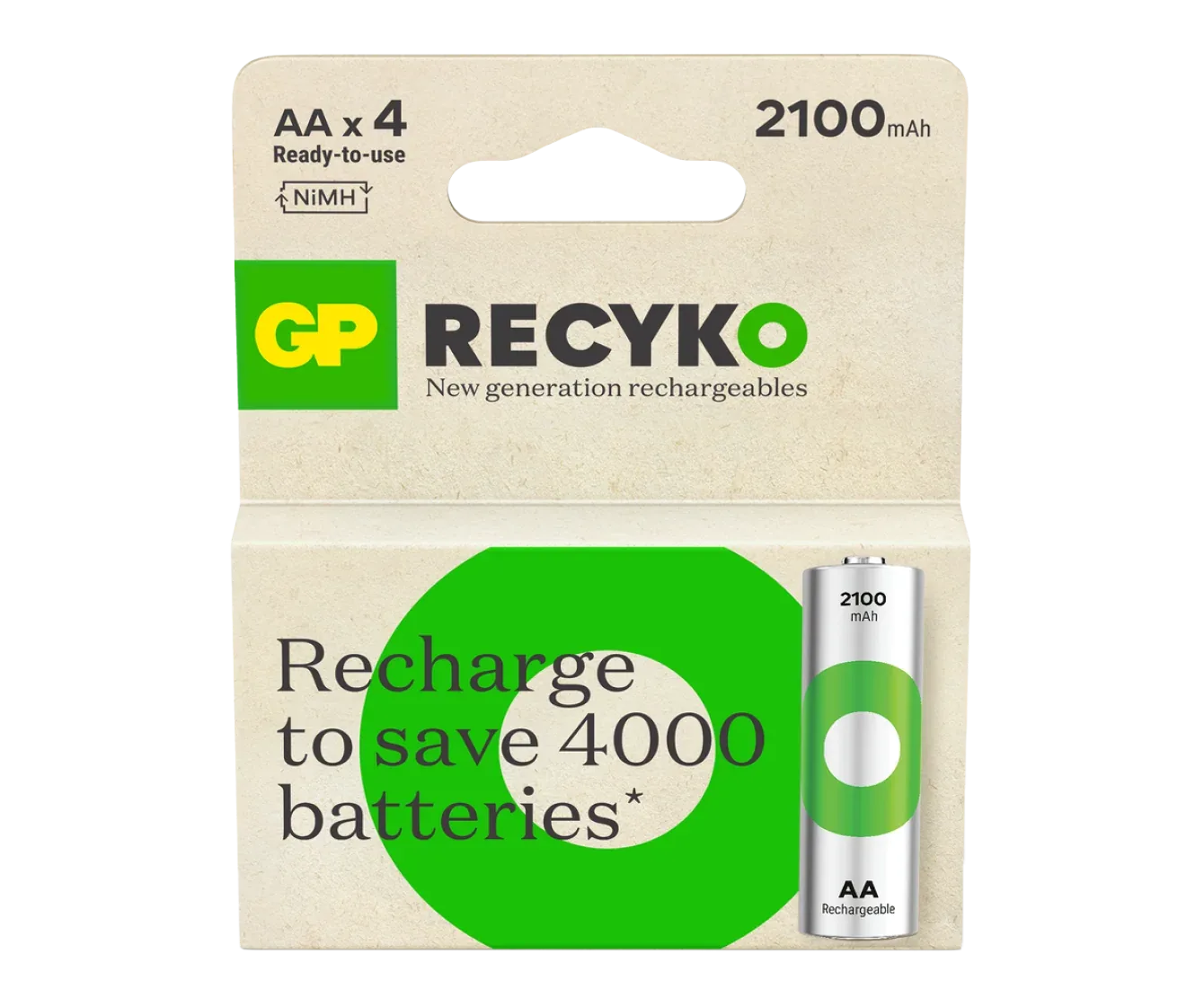 GP ReCyko AA Rechargeable NiMH Battery 2100mAh HR6 1.2V, Pack of 4