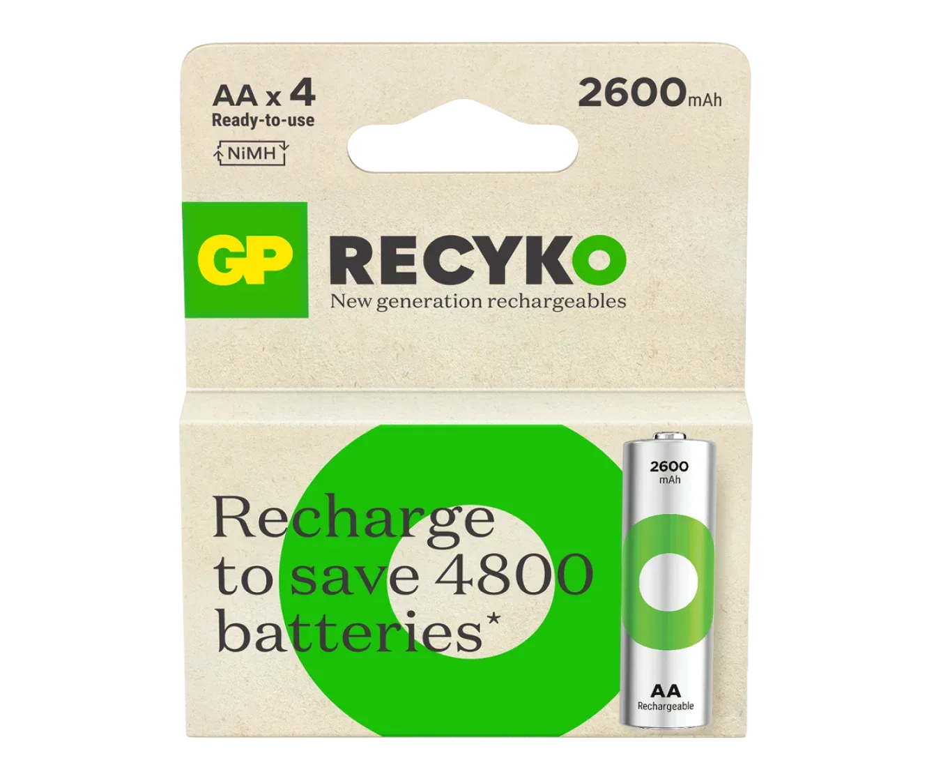 GP ReCyko AA Rechargeable NiMH Battery 2600mAh HR6 1.2V, Pack of 2