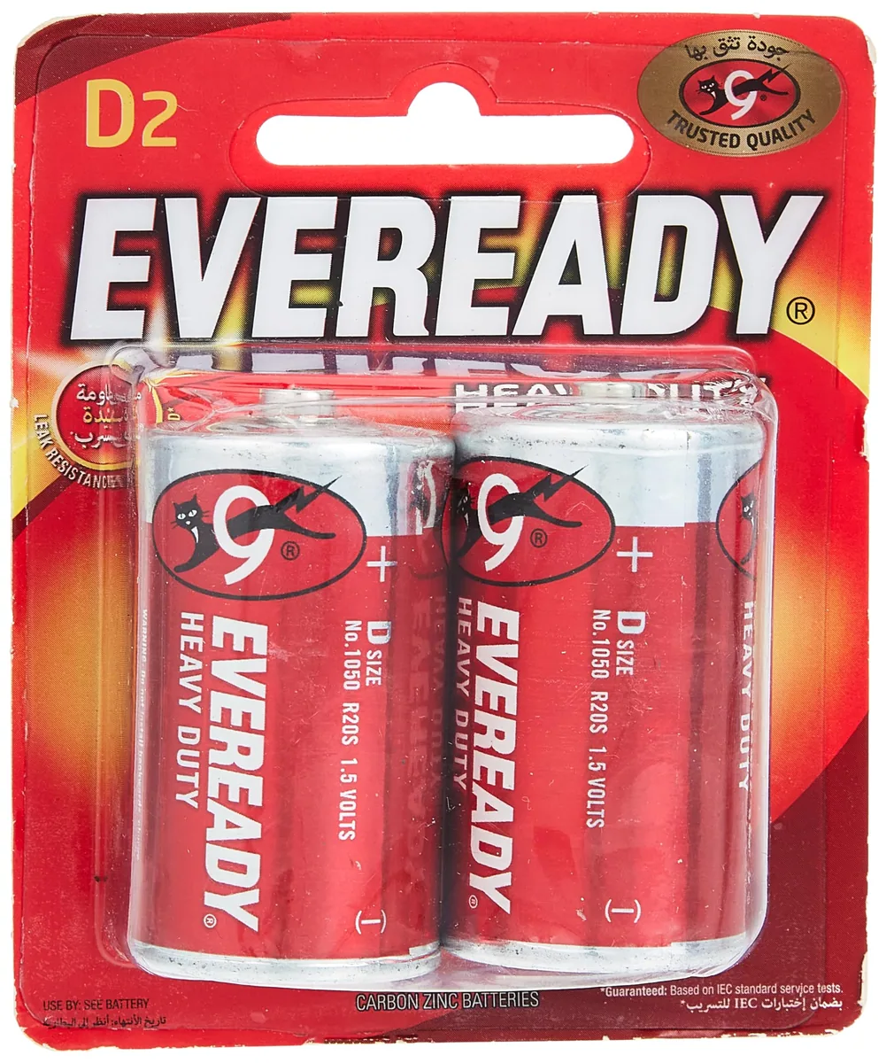 Eveready Heavy Duty D Carbon Zinc Batteries, Pack of 2