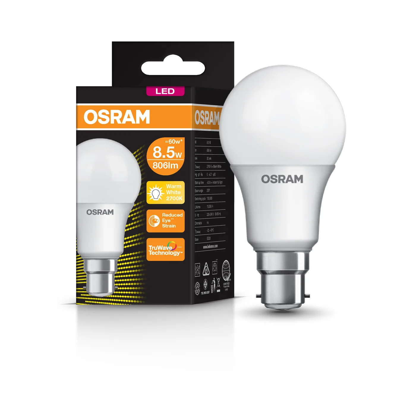 LEDVANCE LED Value Classic A60 8.5W B22d Bayonet Frosted Warm White (2-piece pack)